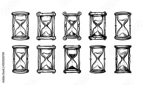 Set of ten vintage hourglass illustrations in a black ink sketch style, a collection of hand-drawn sand timers showing the measurement of passing time