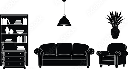 Living Room Interior Furniture Silhouette Vector Illustration Set with Sofa Armchair Bookshelf Cabinet Potted Plant and Hanging Lamp Light Fixture