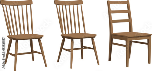 Set of Three Wooden Dining Chairs in Mid Century Modern and Windsor Styles Isolated on White Background for Interior Design Vector