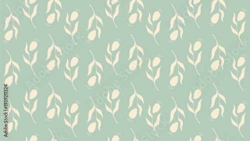 Seamless botanical pattern with stylized tropical flowers and leaves in soft beige on muted green background, arranged in a repeating layout. Ideal for textiles, wallpaper, packaging, and decorative s