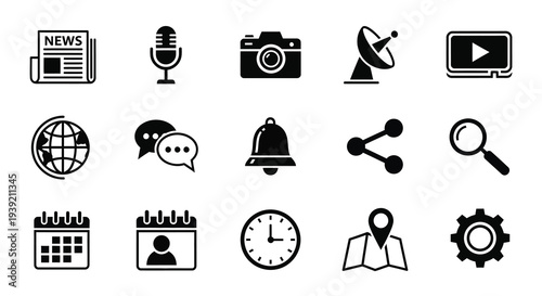 Collection of black media icons representing news and communication silhouette