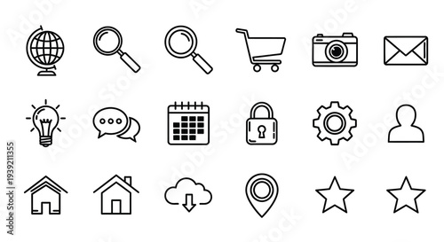Collection of black line icons representing various concepts silhouette