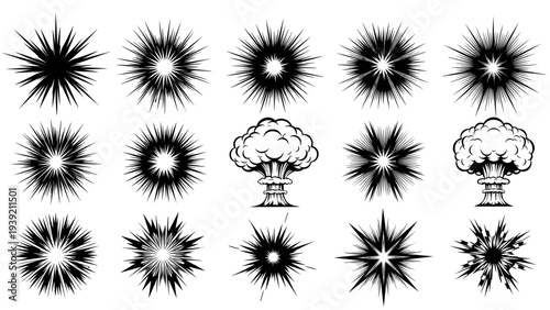 Dynamic Explosion Vector Pack: Diverse Bursting Star Shapes & Nuclear Cloud Designs for Manga, Comics, Graphic Novels & Impactful Visuals, Ideal for Motion Effects & Powerful Statements