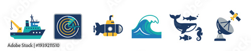 Set of colorful flat design icons illustrating oceanography and marine exploration with a research vessel, sonar, submarine, wave, sea life, and satellite