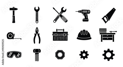 Collection of black tool icons depicting various workshop equipment silhouette