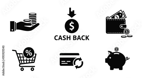 Financial icons depicting cash back savings and payment silhouette