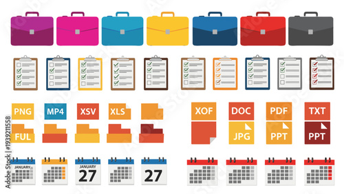 Vector Office Icon Set: Briefcases, Checklists, and File Type Logos for Business, Project Management, Scheduling, and Document Organization in a Modern Design Aesthetic