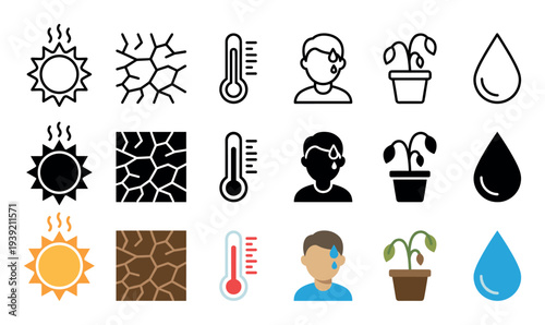 Collection of drought and heatwave icons in line, glyph, and flat color styles showing a hot sun, cracked earth, thermometer, sweating person, wilted plant, and water drop