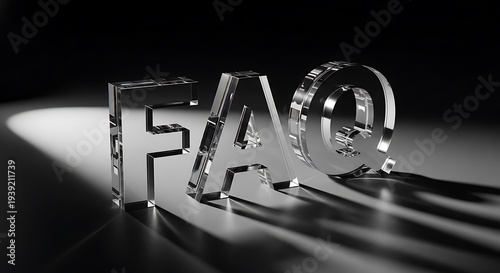 Frequently Asked Questions concept with transparent glass letters casting shadows on a dark reflective surface, symbolizing inquiry and information