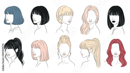 Diverse Female Hair Styles: A Fashionable Collection of Modern Cuts and Colors for Beauty and Design Projects, Perfect for Stylists, Salons, and Creative Marketing Campaigns