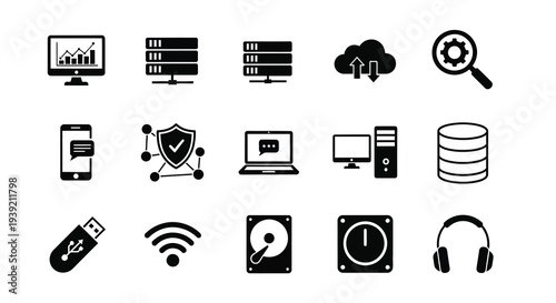 Collection of black technology icons representing data and connectivity silhouette