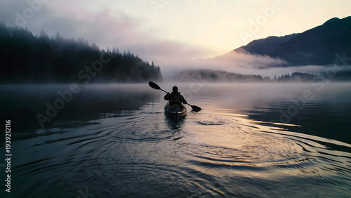 Lone kayaker paddling on calm lake water surrounded by morning fog and silhouette mountains at sunrise for peaceful nature adventure and outdoor solitude in wilderness landscape