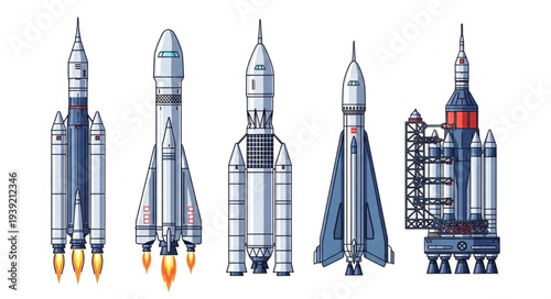 Collection of five different rockets ready for launch.