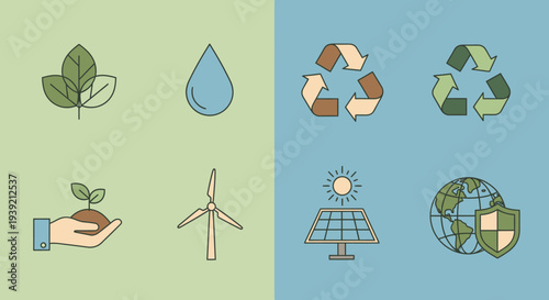 Eco friendly icons representing sustainability and renewable energy silhouette