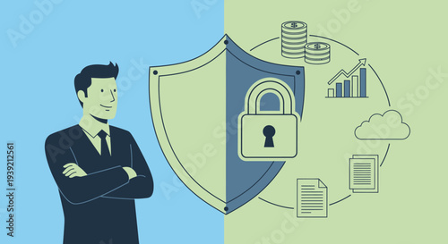Financial security concept with a confident man and shield silhouette
