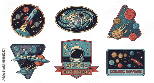 Collection of retro space themed patches and emblems.
