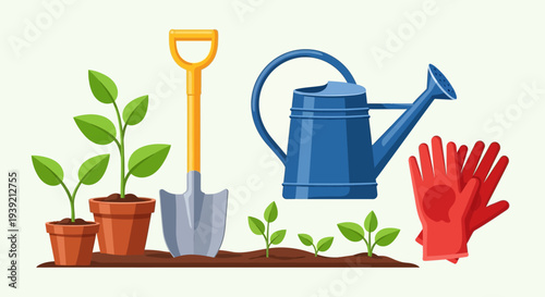 Gardening Tools and Plants on Soil.