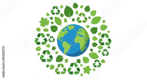 Globe Surrounded by Green Leaves and Symbols.