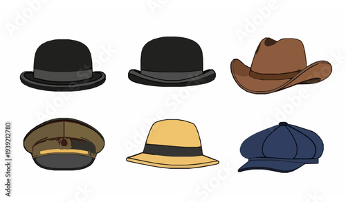 Men Fashion Hats Set Flat Design Vector with Cowboy Bowler and Peaked Caps