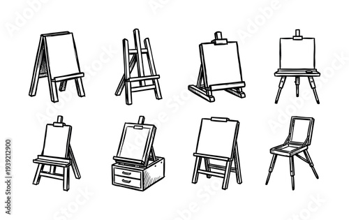 Hand-drawn artist easels in various designs shown in a black and white sketch style, a collection of wooden stands for painting, drawing, and creative studio work