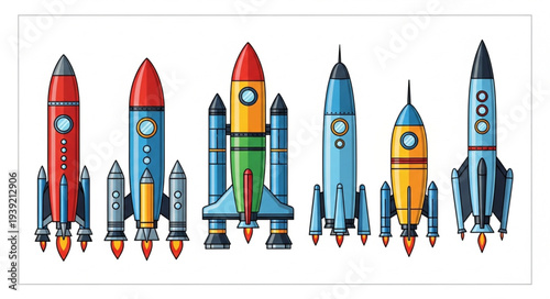 Collection of colorful cartoon rockets ready for launch.