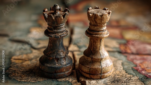 Abstract geopolitical tension concept showing two opposing chess kings symbolizing conflict power and strategic rivalry