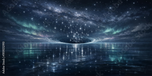 An abstract blue galaxy nebula glows with bright stars and cosmic clouds across the dark night sky of a vast fantasy universe