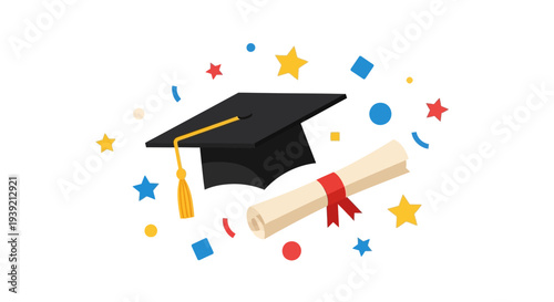 Graduation Cap and Diploma with Stars.