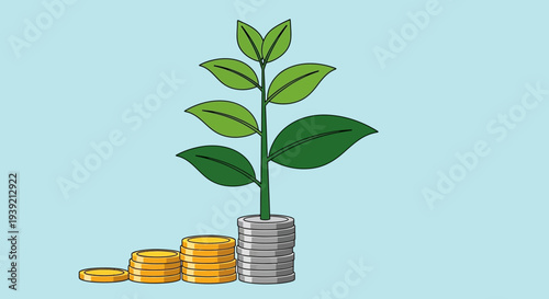 Green Plant Growing from Stacked Coins.