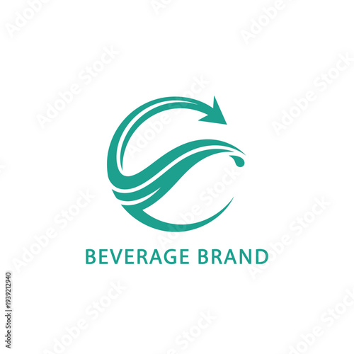 Dynamic beverage brand logo with flowing water and arrow for freshness and movement