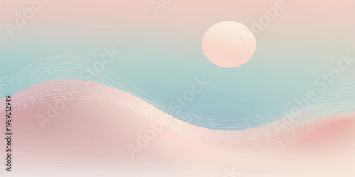 Vector illustration of an abstract wave background featuring a vibrant sunset over the ocean with orange clouds reflecting on the water at dawn