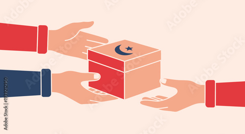 Hands Exchanging Red Donation Box.