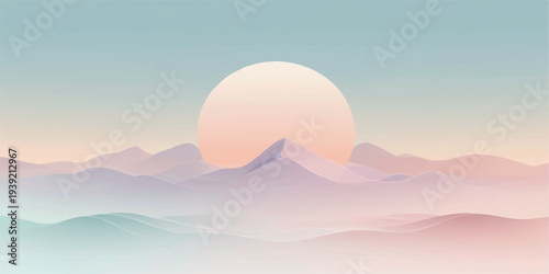 A breathtaking summer morning landscape featuring a vibrant orange sunrise over misty mountain peaks and a distant sea horizon under a glowing sky filled with soft clouds and natural sunlight