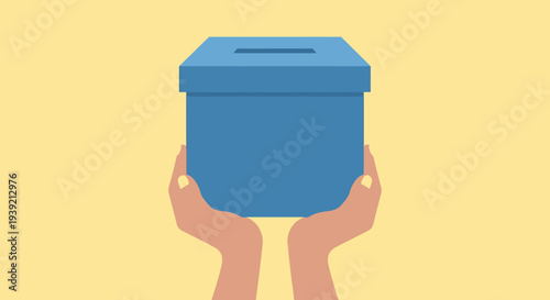 Hands Holding Blue Ballot Box.
