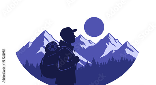 Hiker and Child Silhouette Mountain Landscape.