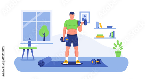 Man Exercising with Dumbbells at Home.