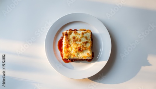 Delicious square lasagna portion on a white plate with rich tomato sauce and cheese