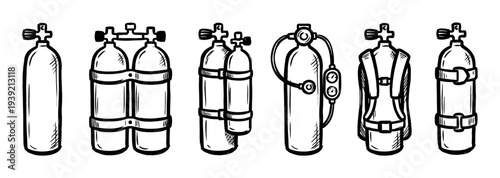 Set of hand-drawn scuba diving tanks showing various configurations for underwater breathing apparatus in a black and white sketch illustration style collection