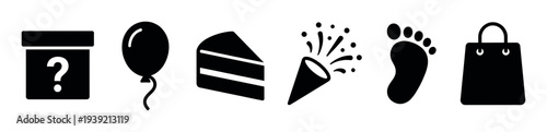 Set of black party silhouette icons for a baby shower or gender reveal, including a mystery box, balloon, cake slice, confetti popper, footprint, and shopping bag