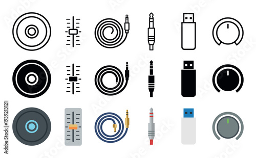 Collection of audio and technology icons in line, glyph, and flat color styles, featuring a speaker, mixer slider, audio cable, jack plug, USB drive, and volume knob