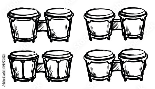 Four hand-drawn bongo drum illustrations in a rough sketch style show a collection of percussion musical instruments for ethnic or Latin music concepts in a simple line art design