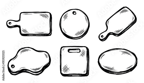 Six hand-drawn kitchen cutting boards in various shapes, including round, oval, and rectangular, presented as a black and white sketch illustration collection