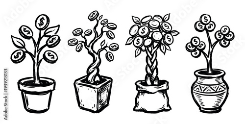 Set of four hand-drawn money trees with dollar sign coins growing in different pots and a bag, representing financial growth and investment in a sketch style