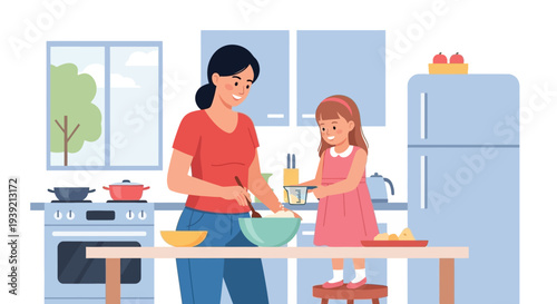 Mother and Daughter Cooking Together in Kitchen.