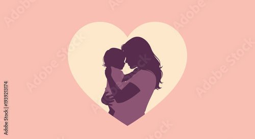 Mother Hugging Child Silhouette Heart Illustration.