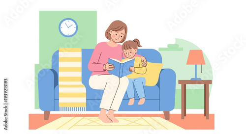 Mother Reading Book with Young Daughter Sitting.