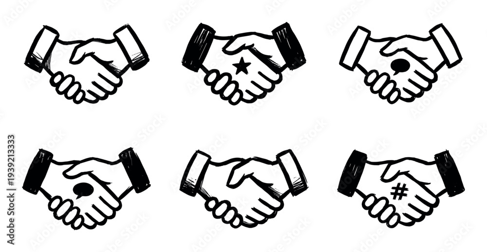 Fototapeta premium Set of six hand-drawn handshake icons representing partnership, agreement, and communication in a sketchy black and white doodle style with symbols like stars and hashtags