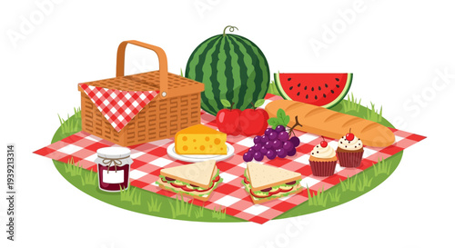 Picnic Basket with Food and Fruits Outdoors.