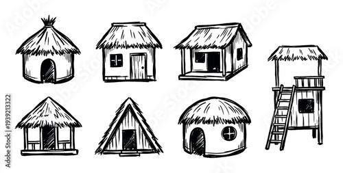 Hand-drawn collection of various tribal huts with thatched roofs in a simple black and white ink sketch style, showing different traditional architectural designs and structures