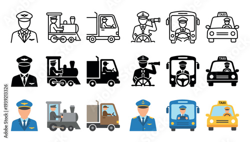 Vector icon set of transportation workers in line, silhouette, and flat color styles featuring a pilot, captain, train engineer, trucker, bus driver, and taxi driver